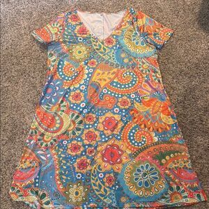 Blue and Orange V-Neck Midi Sundress